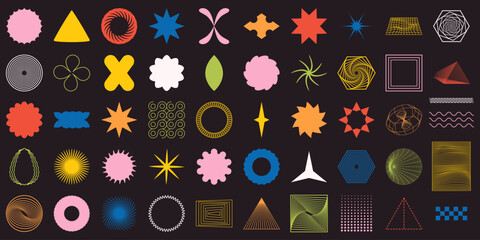 Vector shapes. Collection of retro elements for design. Spiral, lines, star, circles, dots, flower and more complex objects. Some elements have editable stroke for comfortable editing. Part8