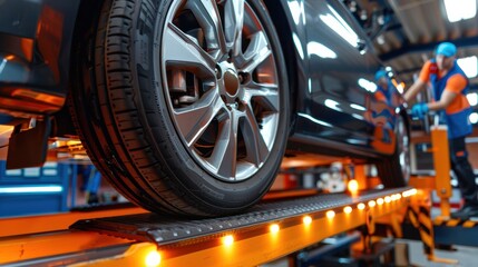 Fototapeta premium Mechanic checking wheel alignment of car on lift in garage