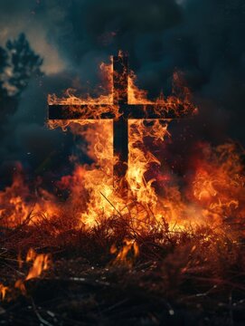 Field fire with burning cross