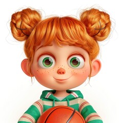 Fototapeta premium 3D Little Girl Holding A Basketball, Looking Determined, White Background