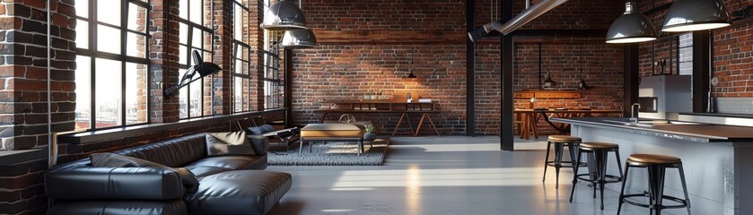 Stylish industrial interior with exposed brick, modern furniture, and large windows, creating a bright and inviting atmosphere.