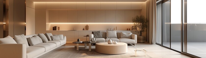 A modern, spacious living room featuring minimalistic furniture and natural light, ideal for relaxation and contemporary design.