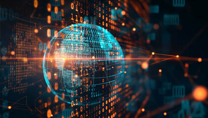 Fototapeta premium Digital globe representing global data connectivity with binary code and network connections in a cutting-edge technology framework