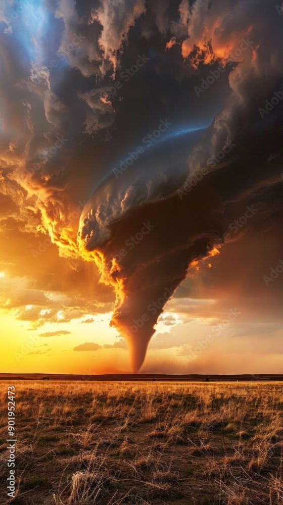 Poster a tornado is blowing through a field of grass