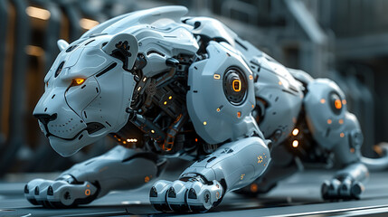 Fototapeta premium A robot lion with glowing eyes and a metallic body