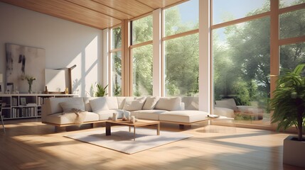 Fototapeta premium Home refurbishment scene on a sunny day with contemporary windows, emphasizing the influx of natural light and the essence of home improvement