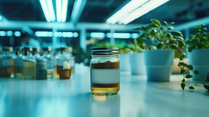 Scientist analyzing plants in a modern laboratory setting with a jar of fertilizer in focus