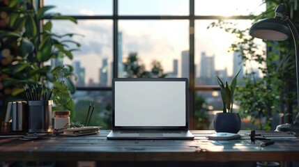 Modern laptop showing blank screen on desk in office at sunset