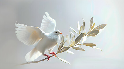 symbol of peace, white dove with olive branch, soft lighting, serene mood, marketing, education, cultural significance, diverse applications, copy space, universal themes of hope and tranquility
