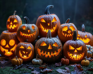 A row of pumpkins with their faces lit up, creating a spooky