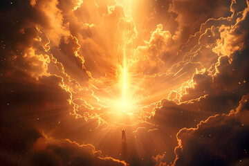 Fototapeta premium Dramatic representation of divine light breaking through clouds, symbolic of hope and inspiration, ideal for spirituality, wellness marketing, and motivational content.