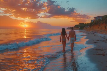 Fototapeta premium Couple Walking Hand in Hand Along the Shoreline at Sunset in Coastal Paradise