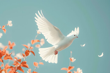 Obraz premium elegant white bird, soaring gracefully, sky background, tranquility, freedom, symbolizes peace, nature's beauty, emotional upliftment, marketing, wellness themes, copy space available,...