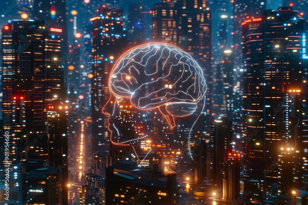 Poster futuristic brain with glowing orange connections in a cityscape symbolizing technology and neural ne