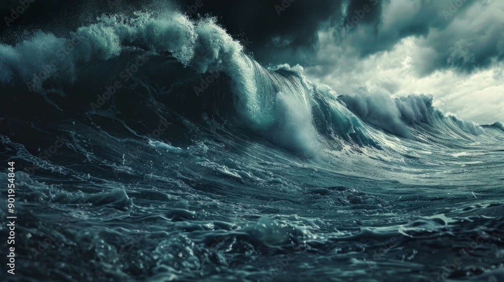 Poster a large wave is crashing into the ocean, creating a powerful and dynamic scene