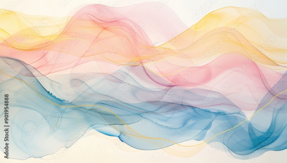 Poster abstract background with flowing watercolor waves in pastel colors a blend of soft pinks, blues and 