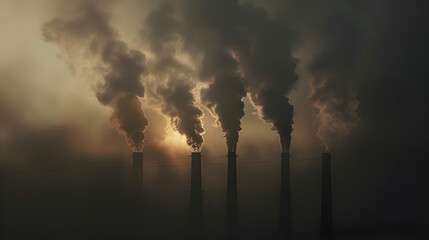 Obraz premium industrial smoke stacks, air pollution, climate change, environmental concerns, dark sky, factory emissions, ecological impact, sustainability issues, capitalism critique, atmospheric degradation,...