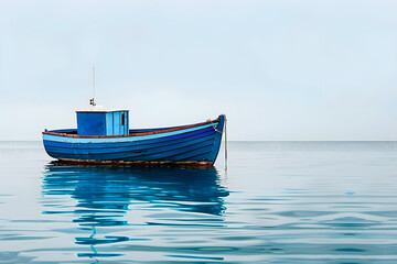 Naklejka premium A solitary blue fishing boat rests on serene waters, embodying tranquility, durability, and maritime life. Ideal for coastal themes, fostering harmony, exploration. Copy space available.
