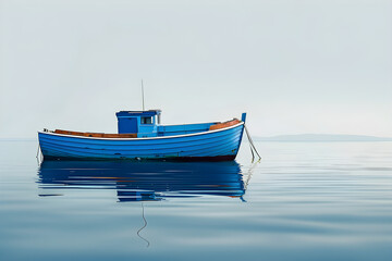 Naklejka premium serene fishing boat on calm water, maritime tranquility, coastal lifestyle, nautical themes, peaceful reflection, copy space for text, versatile applications in marketing, travel, and tourism,...