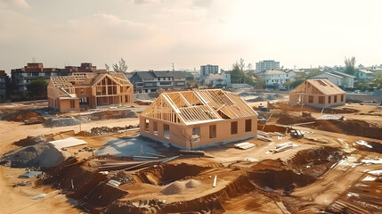 Fototapeta premium Construction site, new housing development, modern architecture, builder's perspective, residential investment opportunity, appealing location, value, future living spaces, ideal for homebuyers,...