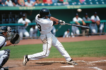 Dynamic Baseball Batter Executing Perfect Swing During Summer Game at Local Field