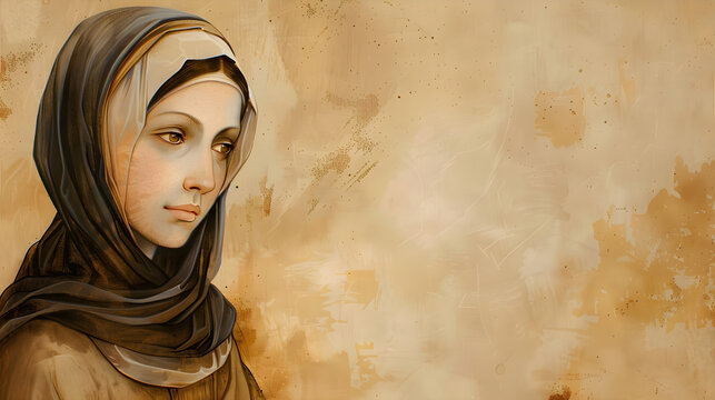 portrait of a woman wearing a headscarf, serene expression, soft lighting, neutral color palette, applicable for marketing, education, culture, emotional connection, copy space present