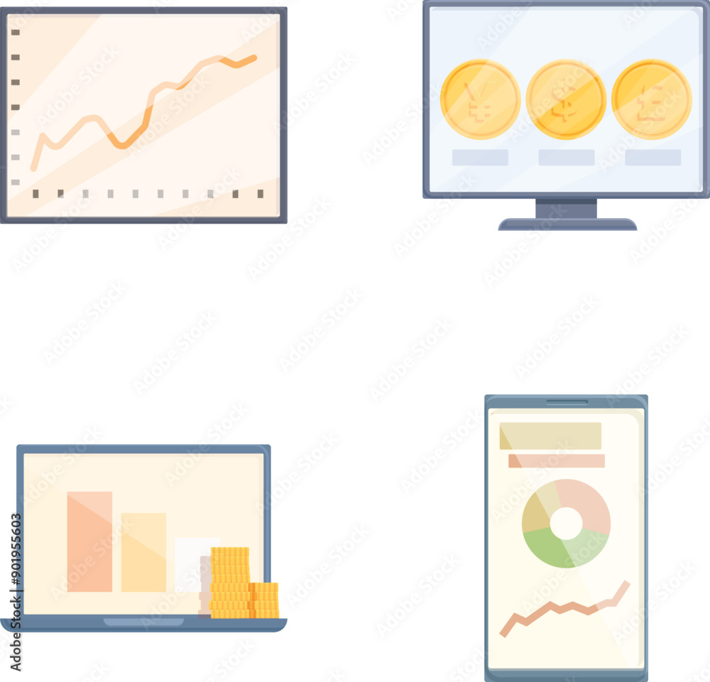 Poster set of four flat design icons representing financial analytics and cryptocurrency on digital display