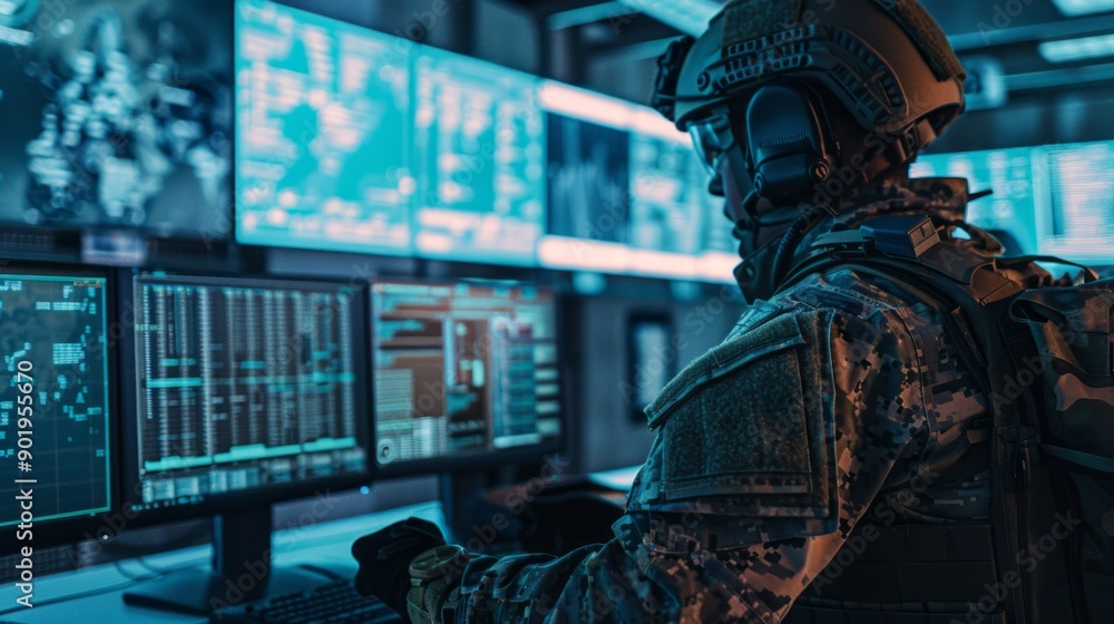 Poster a man in a military uniform is sitting in front of a computer monitor