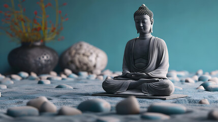 serene statue of Buddha in meditation, tranquil blue and pebble themes, digital render enhancing calm, mindfulness, spiritual decor for wellness and relaxation, perfect for meditation spaces,...