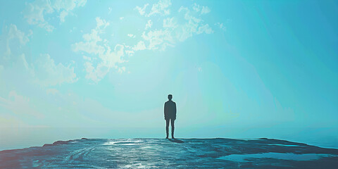 lonely figure standing on an isolated landscape, evoking emotions of solitude and introspection, ideal for mental health promotion, personal development, motivational content, and art....