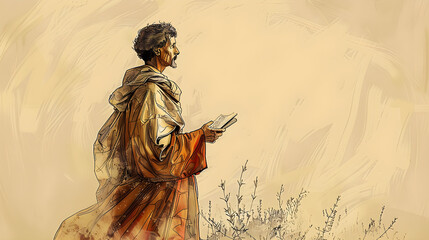 Inspirational figure in robes holding a book, conveying wisdom and spirituality, peaceful beige background with copy space for text integration, ideal for religious publications,...