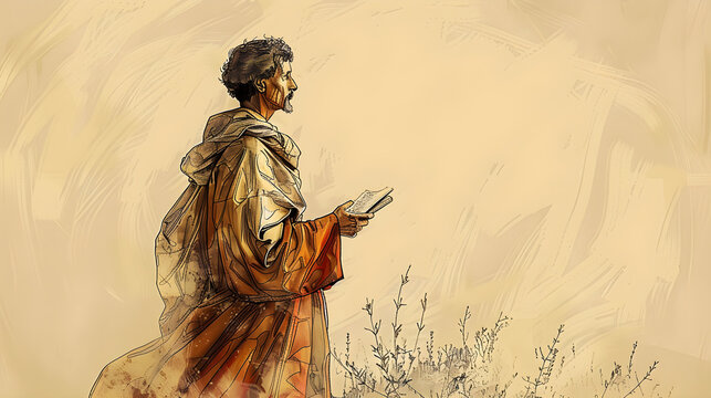 Inspirational figure in robes holding a book, conveying wisdom and spirituality, peaceful beige background with copy space for text integration, ideal for religious publications,...