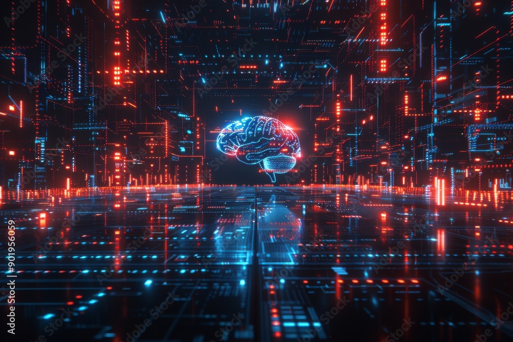 Poster futuristic brain with glowing red elements in a digital landscape representing advanced technology a