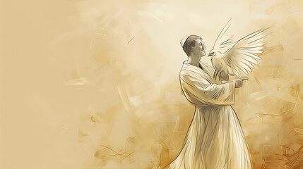 ethereal biblical illustration depicting transformation by the spirit, freedom and divine connection, beige background with ample copy space, ideal for religious education, promotional materials,...