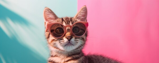 Fototapeta premium Cat wearing sunglasses against colorful background