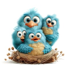 Fototapeta premium Blue Bird Family, White Background, 3D Illustration