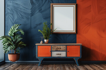 Mockup empty wooden frame in dark living room interior, Vibrant Boho Decor: Wooden Frame on Orange and Blue Sideboard, Bold Colors and Lush Greenery with Wooden Frame