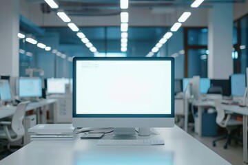 Naklejka premium Modern open space office with a computer showing a blank screen and nobody working