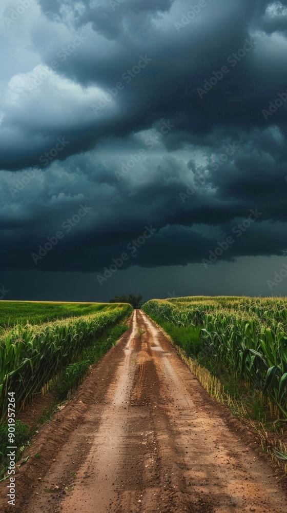 Poster a road with a long line of corn in the background