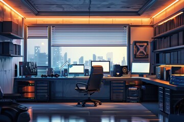 Modern office interior with a view of the city at sunset