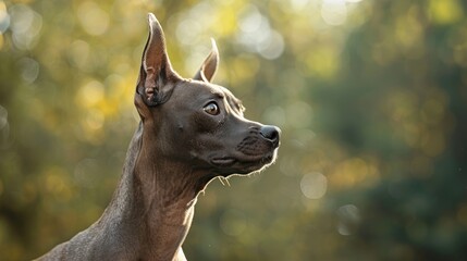 Portrait of intelligent Xoloitzcuintle dog with bronze skin standard size close up head ears perked outdoors