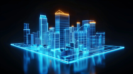 Obraz premium 3D rendering illustration Building blueprint glowing neon hologram futuristic show technology security for premium product business finance transportation