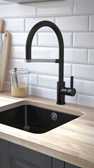 A sleek kitchen sink is positioned on a wooden countertop, complemented by kitchen utensils arranged in stylish containers against a tiled wall
