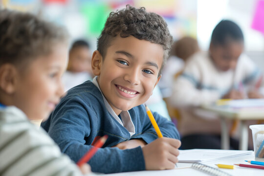 Young boy smiling at his desk while writing in elementary school classroom