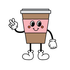 Vector groovy retro cartoon take away coffee isolated on white background