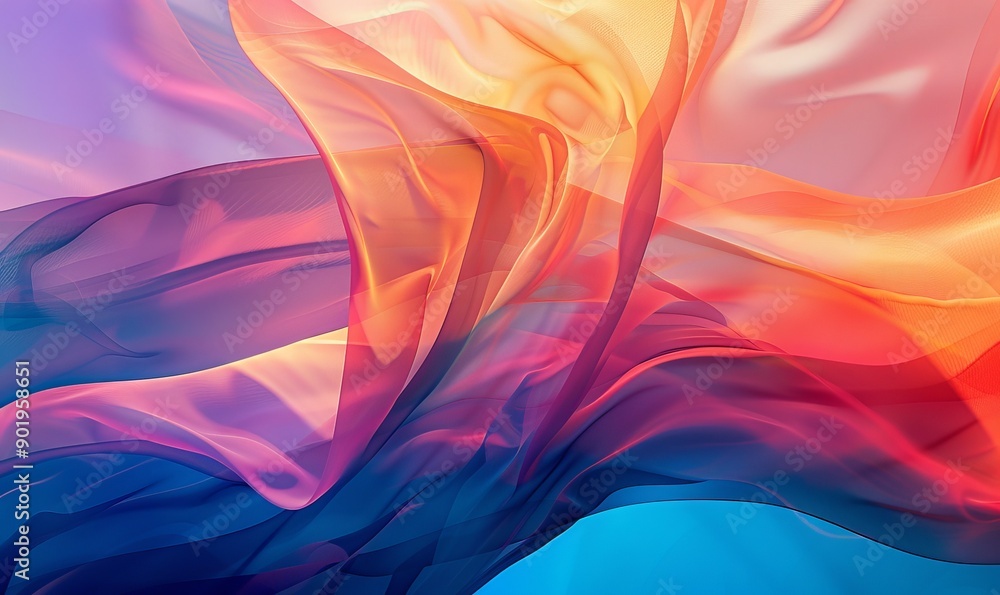 Poster abstract art featuring layers of translucent shapes and vivid colors, creating a sense of depth and 