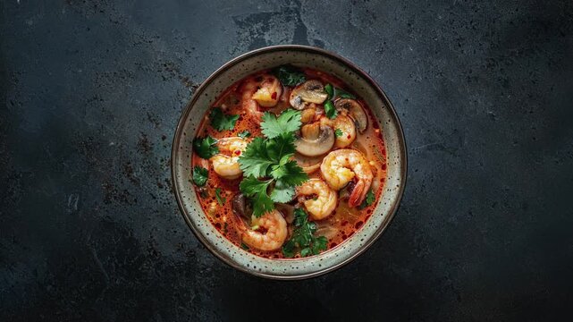 Delicious Bowl Of Spicy Shrimp Soup With Mushrooms And Cilantro