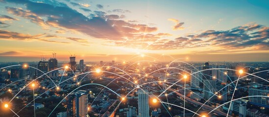 Wireless network and Connection technology concept with city background at night