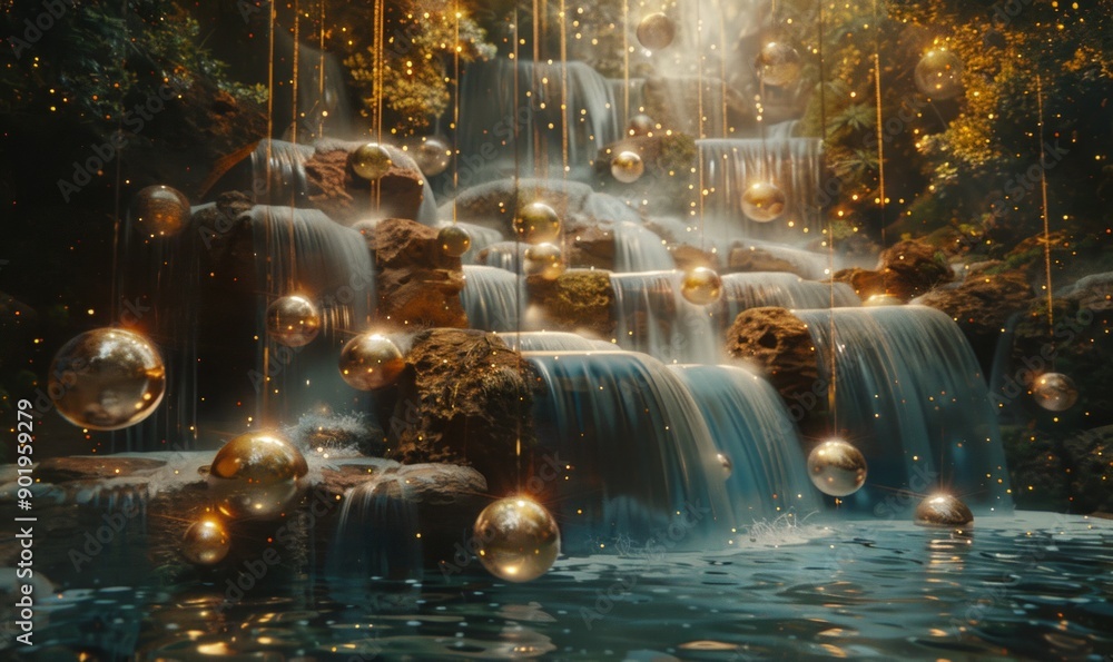 Poster dreamscape with cascading waterfalls of light and floating orbs, creating an ethereal and otherworld