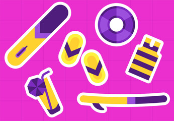 Set of elements on a pink background. Image of items for relaxing on the beach. Beach attributes for recreation. Elements of surfboards, flip flops, etc.